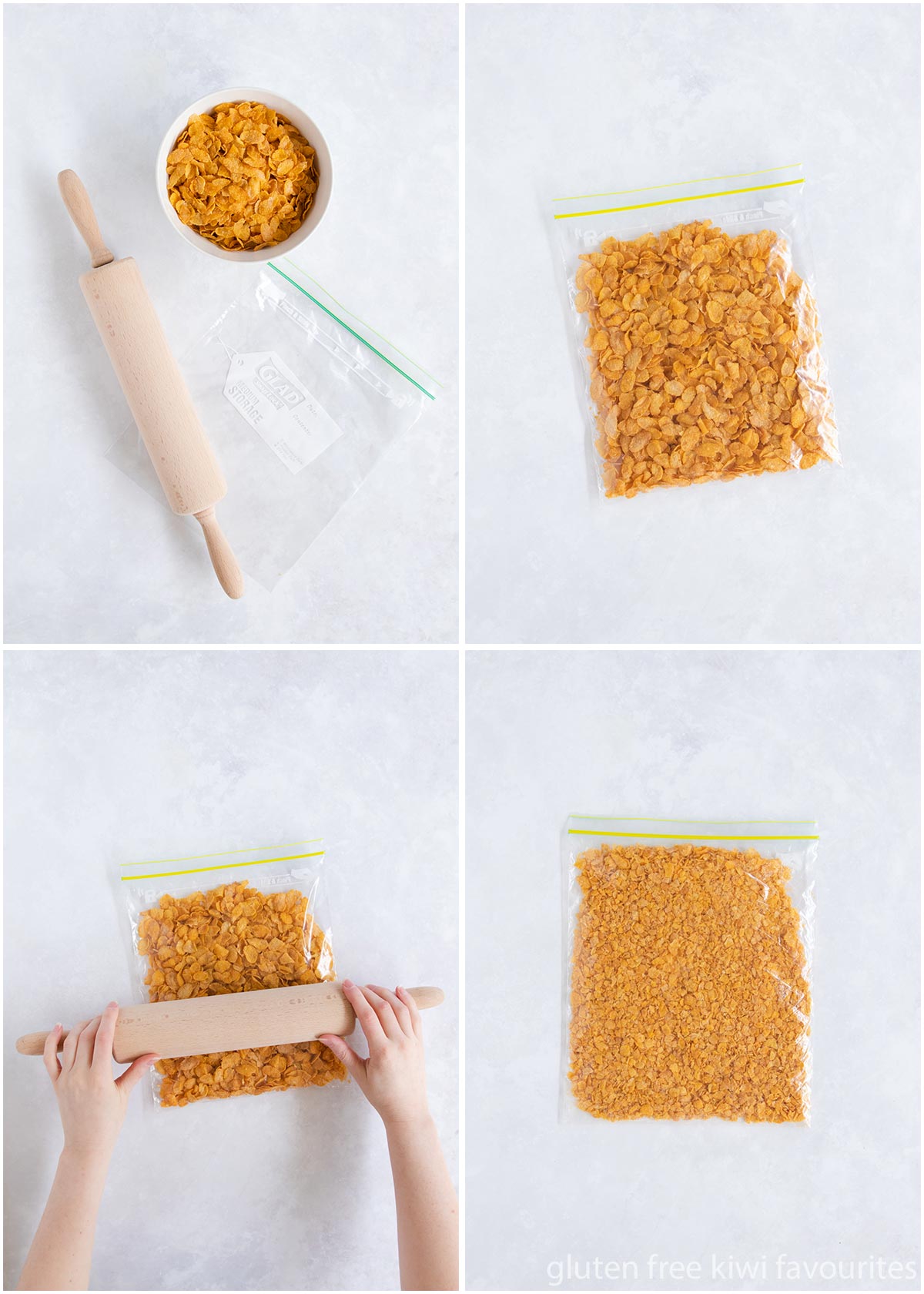 A collage of four images showing the cornflakes being crushed in a plastic bag with a rolling pin.