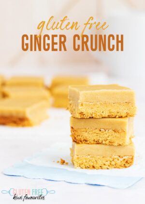 Three stacked slices of ginger crunch, with text overlay reading "gluten free ginger crunch".