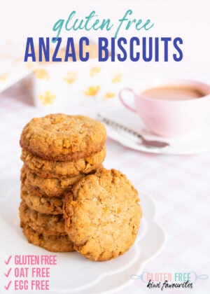 A stack of biscuits on a pink background, text overlay reads "gluten free Anzac biscuits, oat free, egg free".