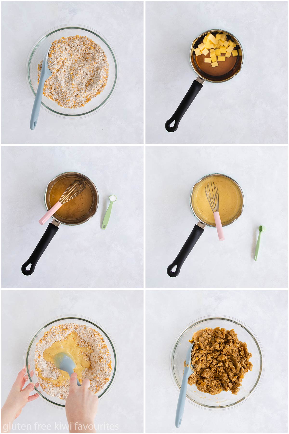 Collage of pictures showing the biscuit dough being mixed.