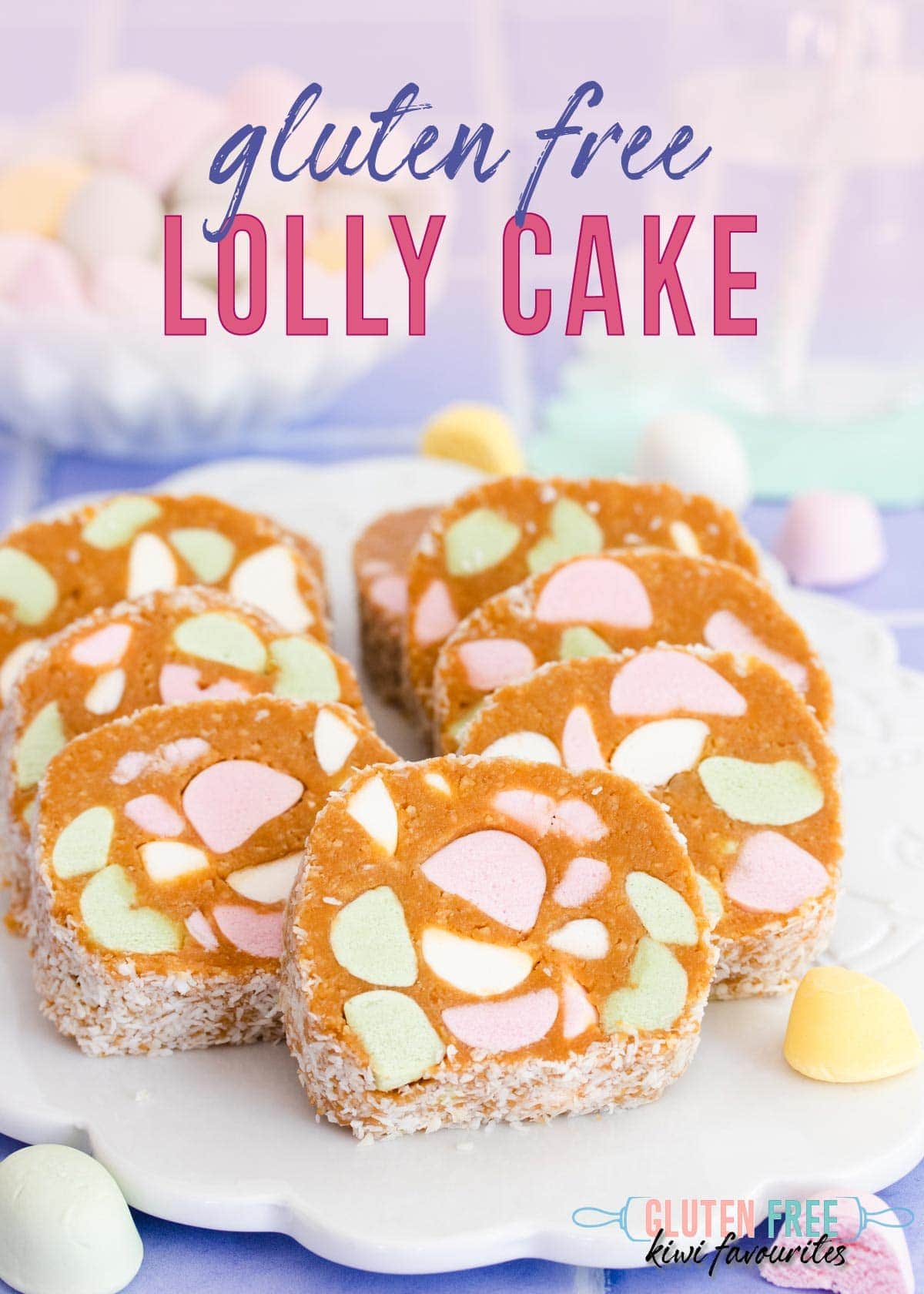 Pieces of lolly cake on a white plate, text overlay reads "gluten free lolly cake" in blue and pink letters.
