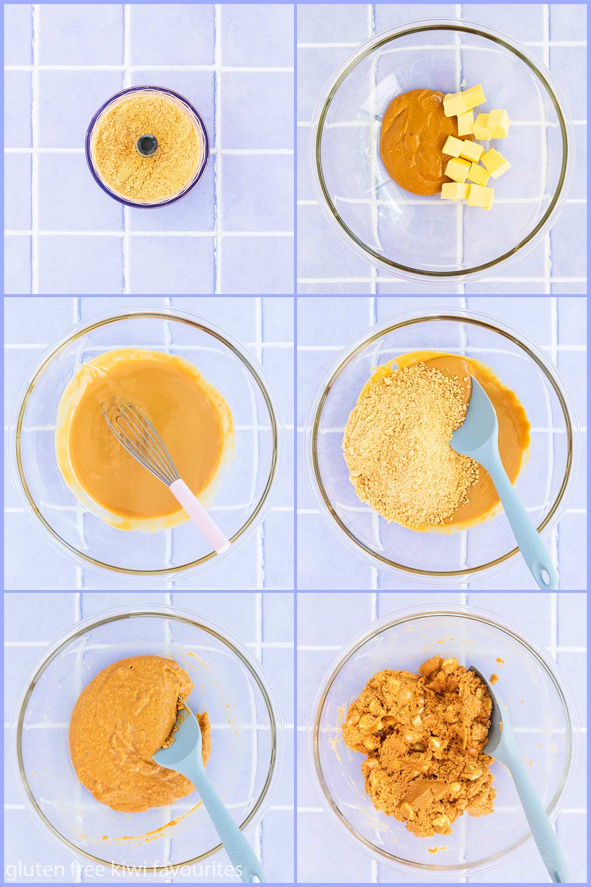 Collage of six images showing the steps of melting and mixing the ingredients.