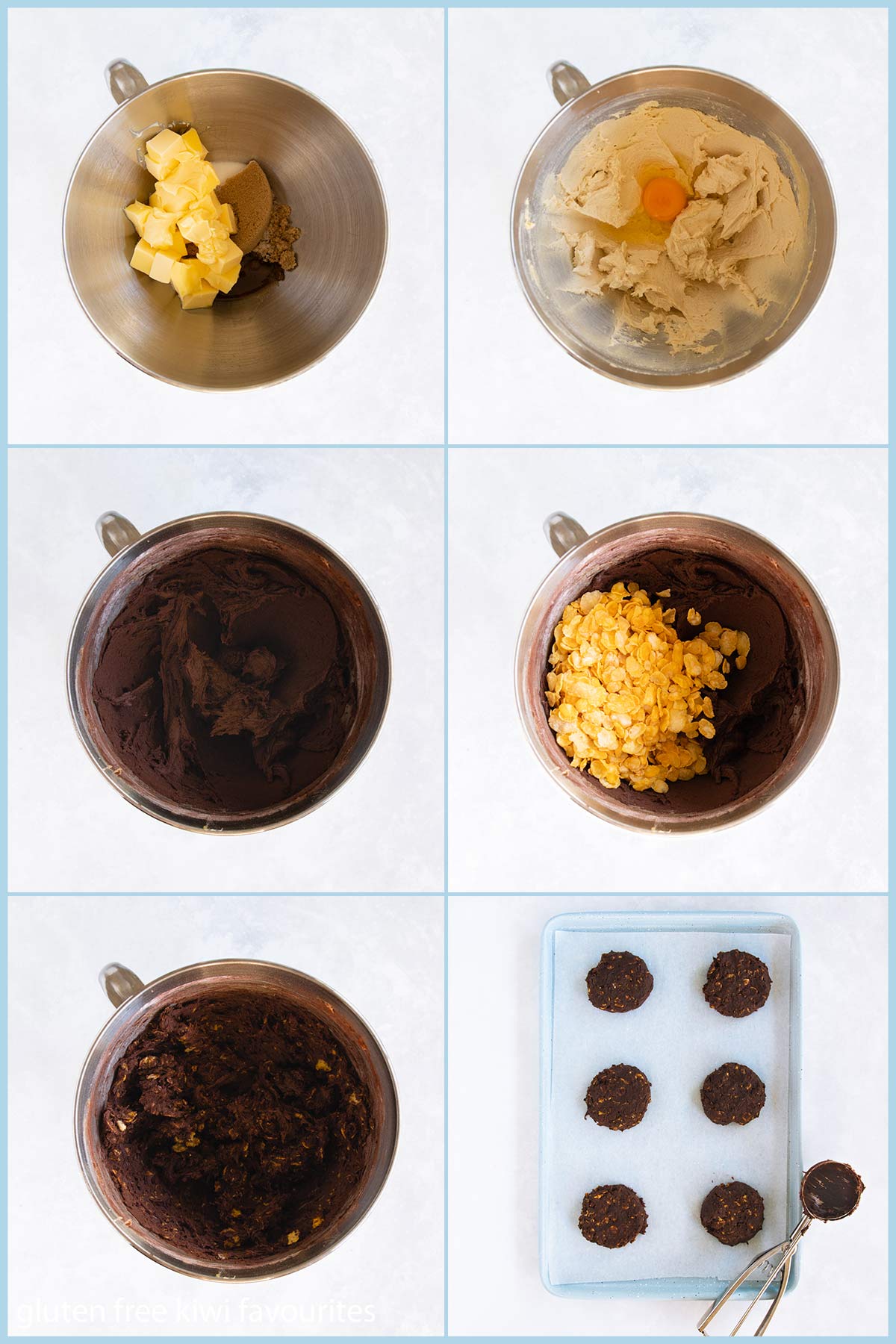 Collage of six images showing the different stages of mixing the biscuit dough ingredients.