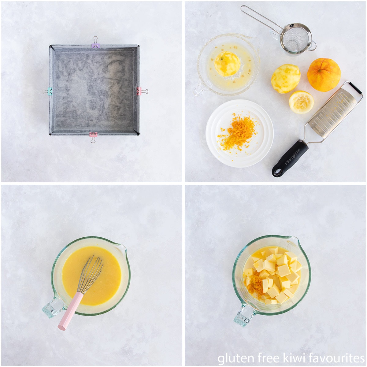 Collage of images showing the cake tin, zesting and juicing the citrus and melting the butter and condensed milk.