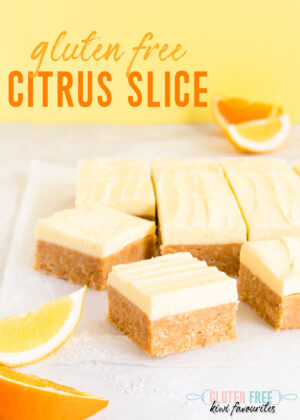 Pieces of slice on a grey and yellow background, text overlay reads "gluten free citrus slice."