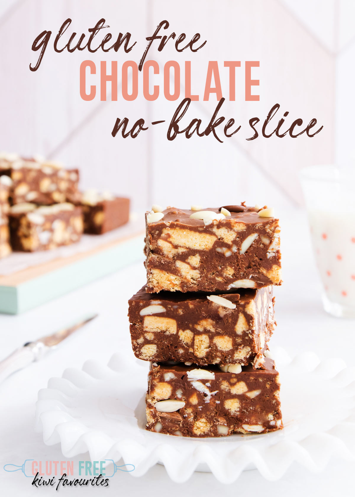 Three stacked pieces of slice on a white plate- text overlay reads "gluten free chocolate no-bake-slice".