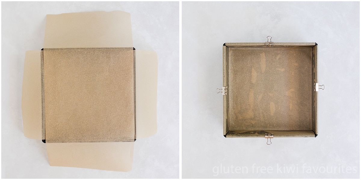 Collage of two images showing a square cake pan being lined with baking paper.
