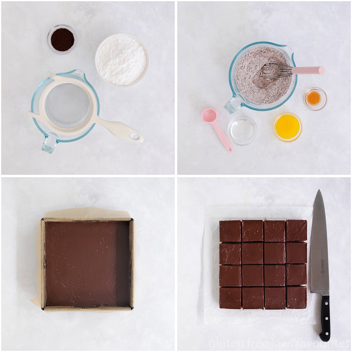 Collage of four images showing the icing being mixed and spread, and the slice cut into squares.