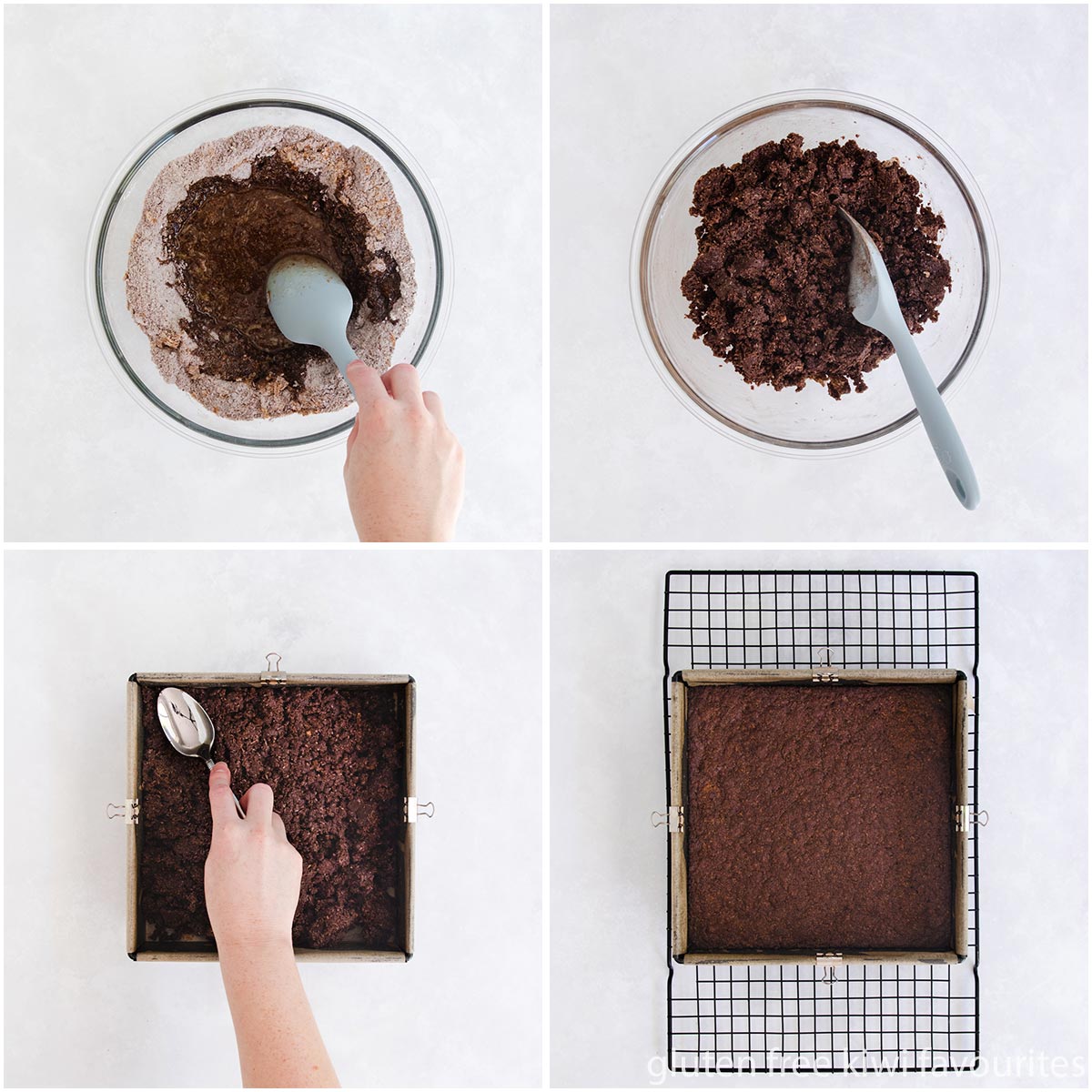 Collage of four images showing the wet ingredients being mixed in and the mixture pressed into the tin.