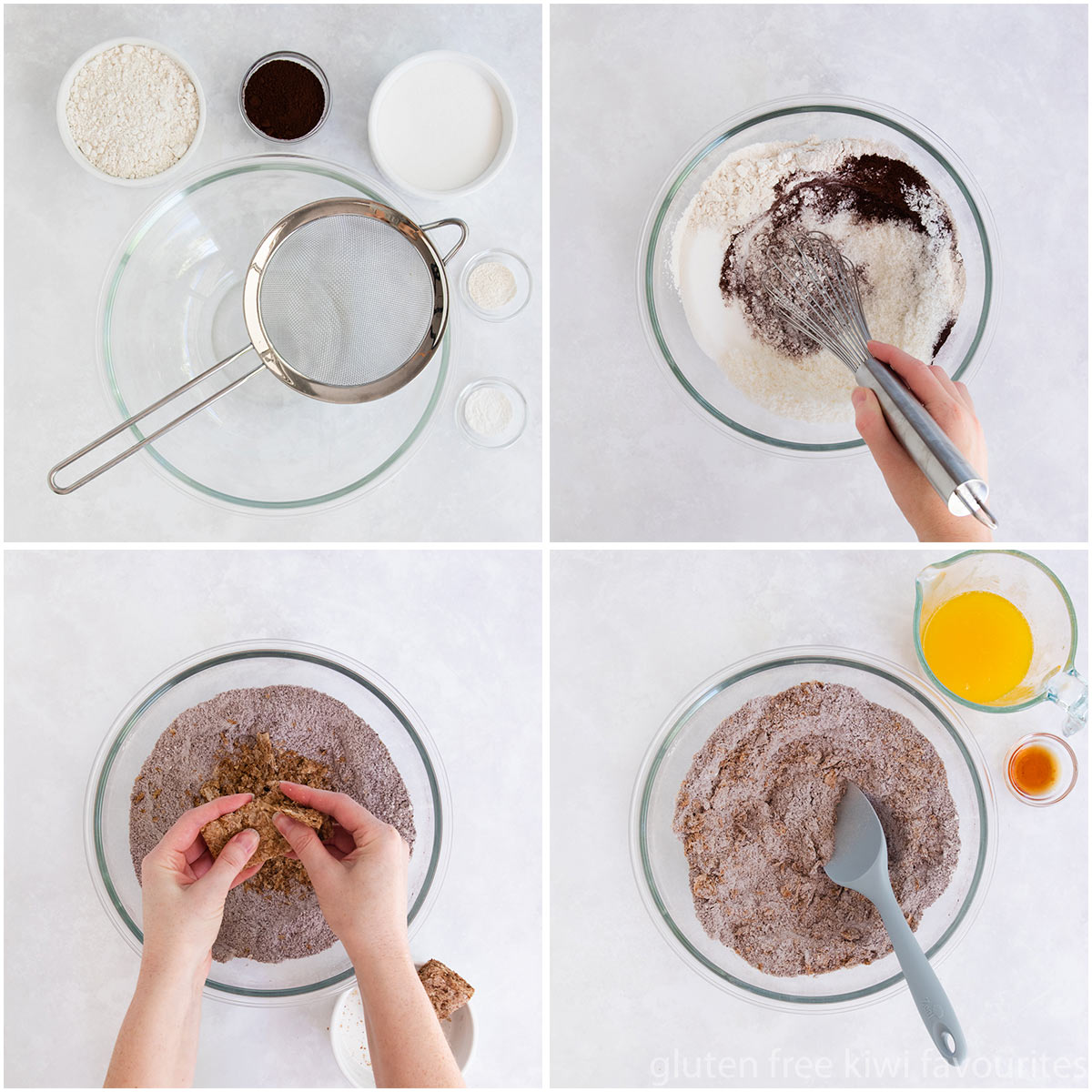 Collage of four images showing the dry ingredients being mixed and the weet-bix crumbled.