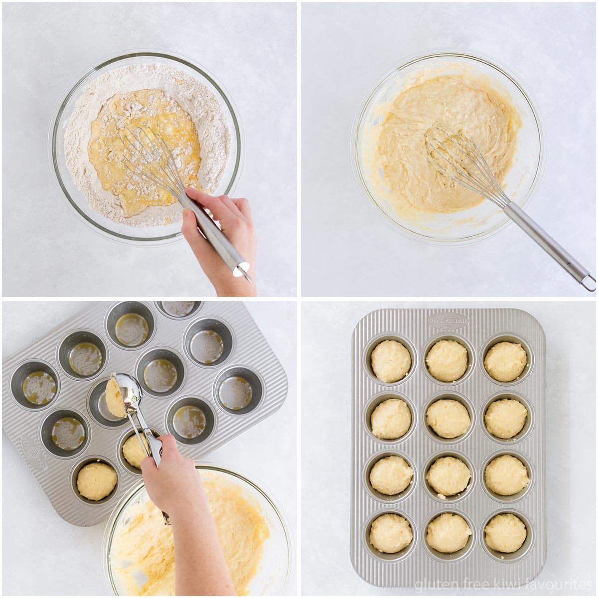 Collage of 4 images showing the wet ingredients being added to the dry, the batter mixed together and scooped into the muffin pan.