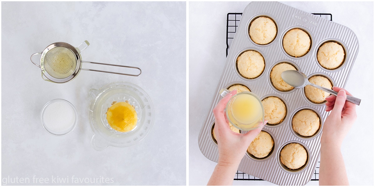 The lemon juice and sugar being mixed together for the topping and spooned onto the muffins.