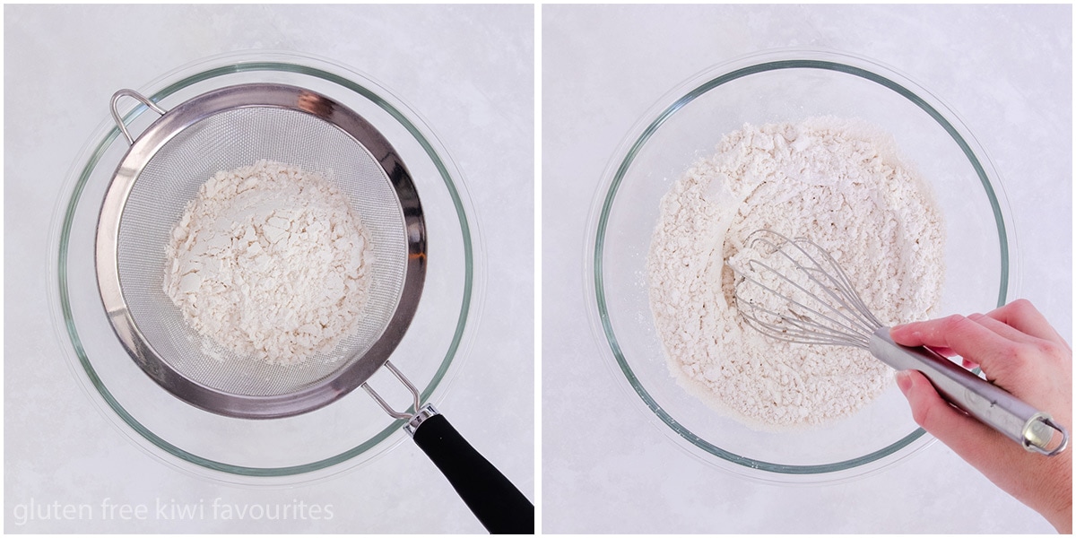 Collage of two images showing the dry ingredients being sifted and whisked together.