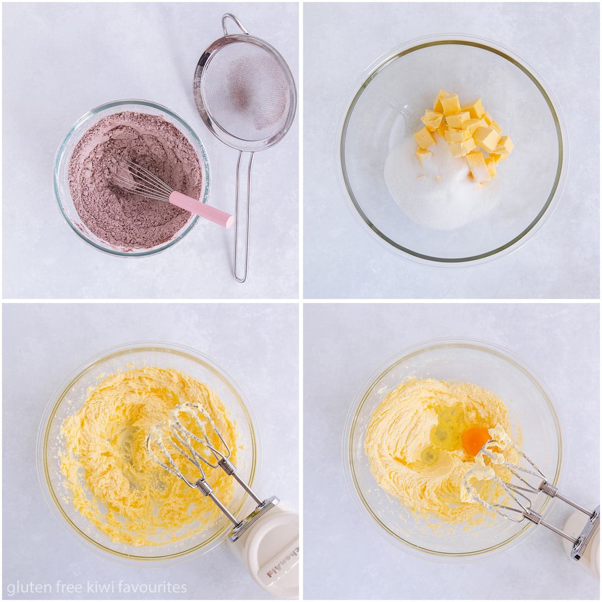 Collage of 4 images showing the dry ingredients being sifted, the butter and sugar creamed and the egg added.