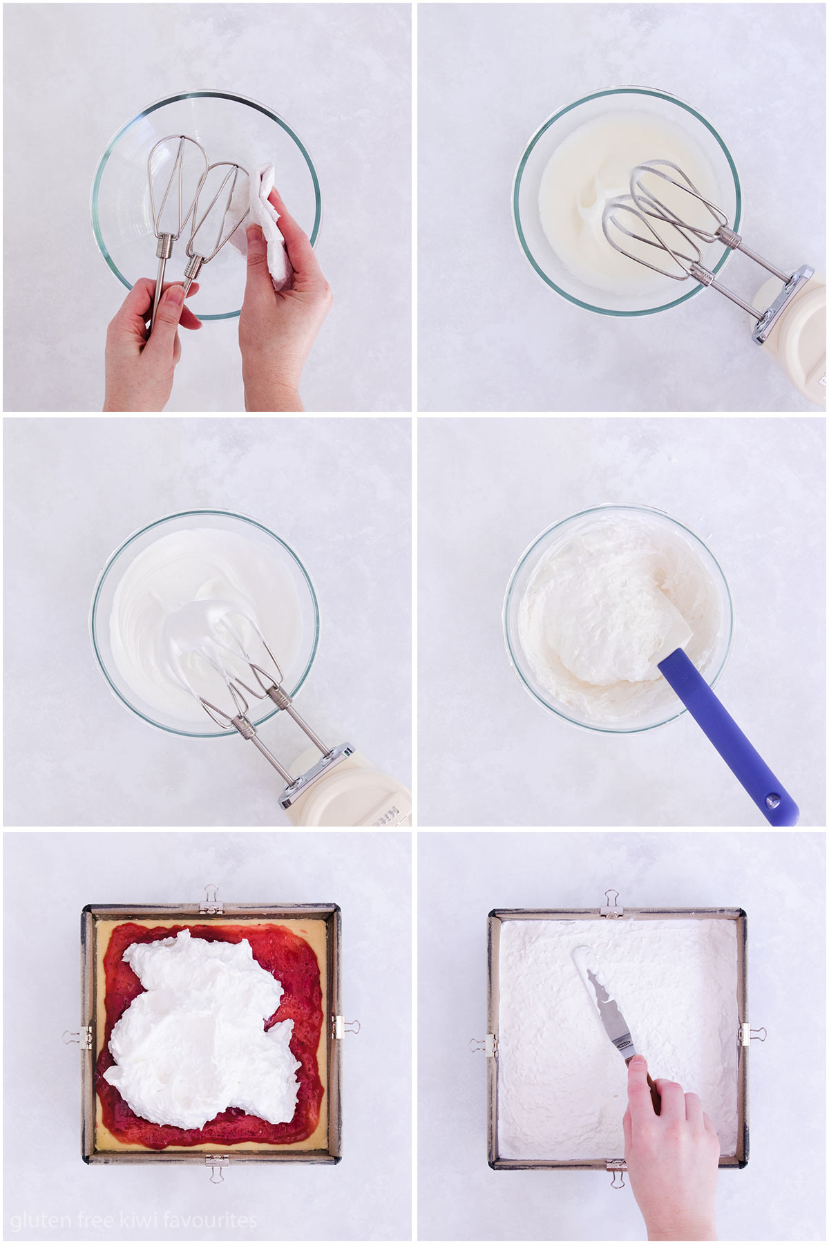 Collage of six images showing the meringue being whisked, the sugar added, the cornflour, vanilla and lemon juice added, and the mixture spread over the base.