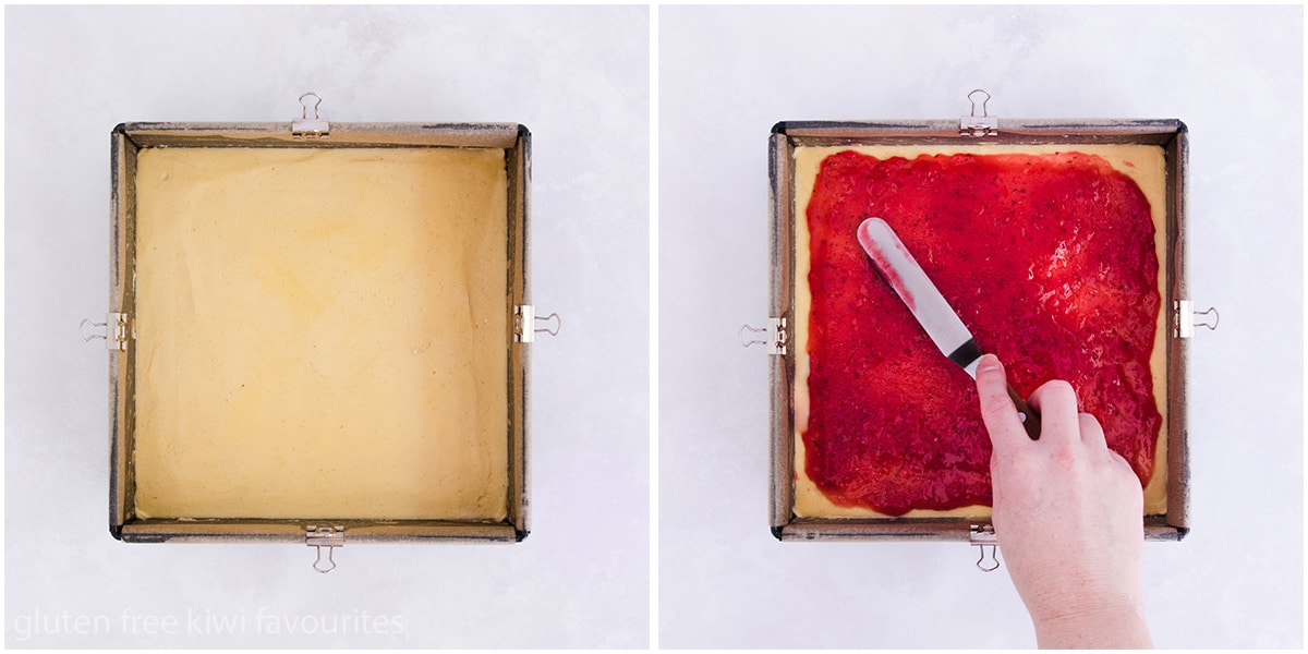 Two images showing the base mixture spread in the pan, and the jam spread over the top.