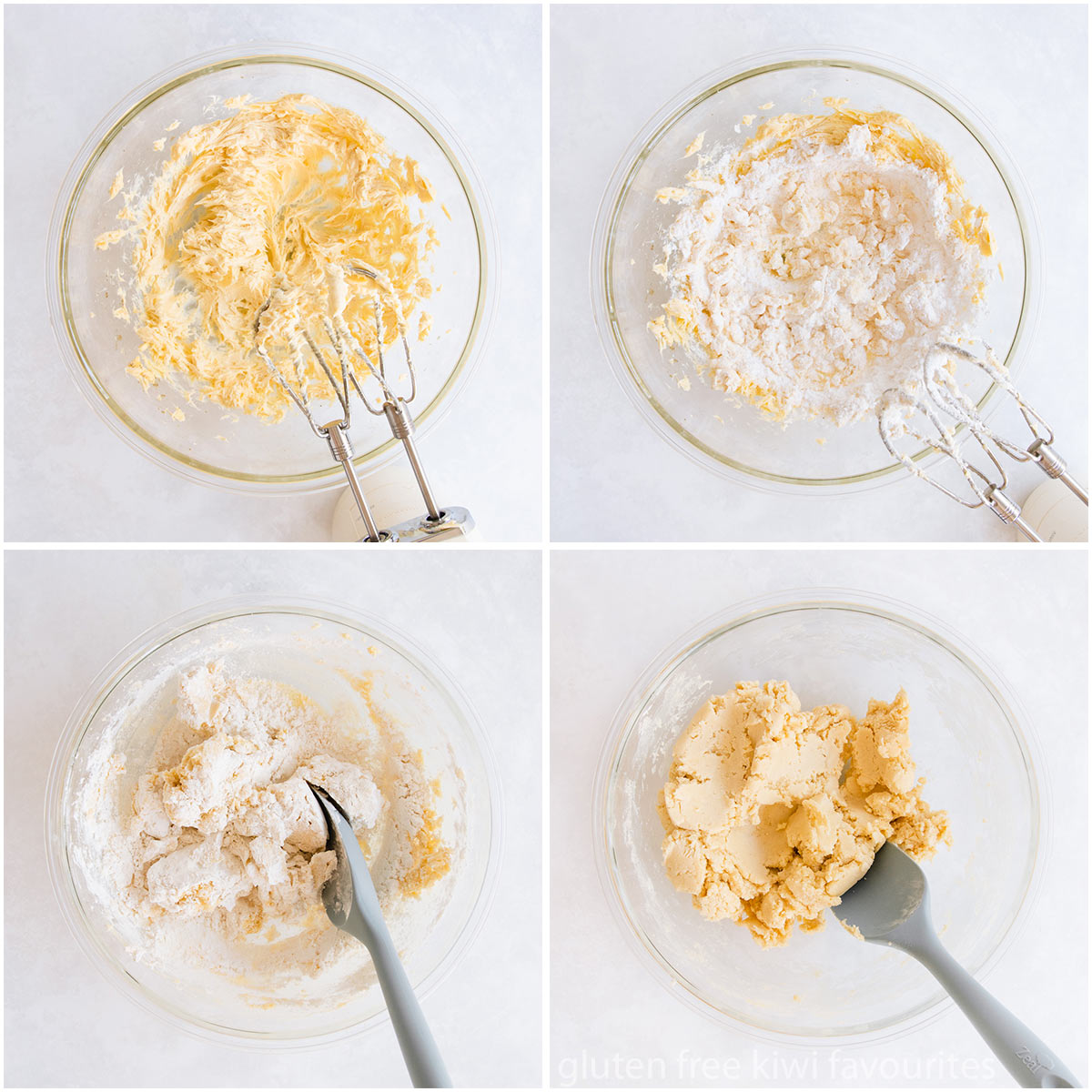 Collage of four images showing the butter being creamed, the dry ingredients being added and stirred in.