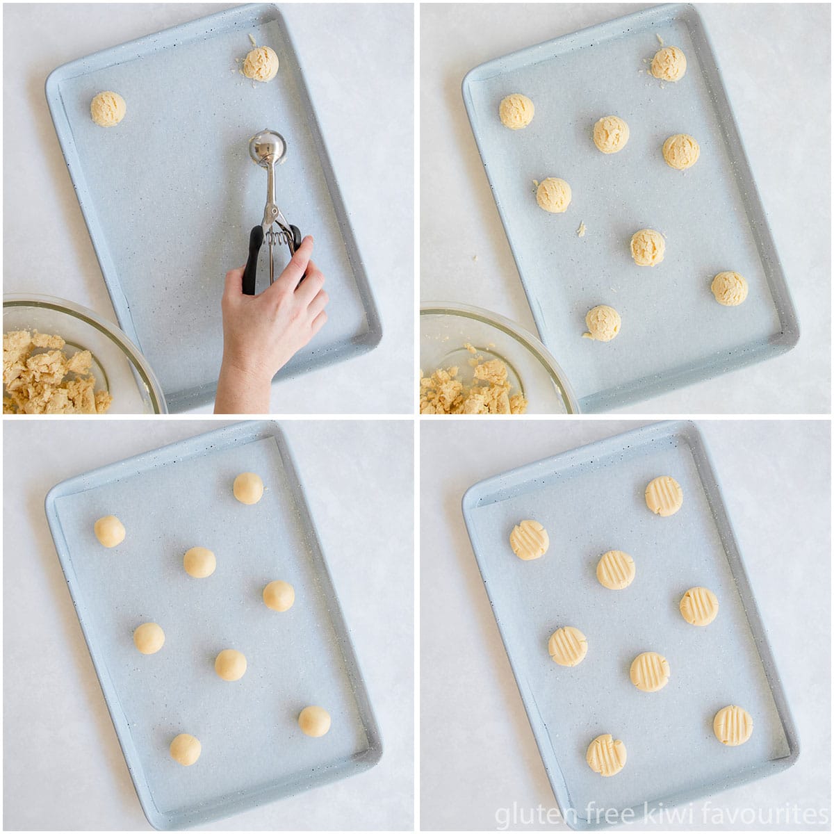 Collage of four images showing the dough being spooned onto a baking tray, rolled into balls and flattened with a fork.