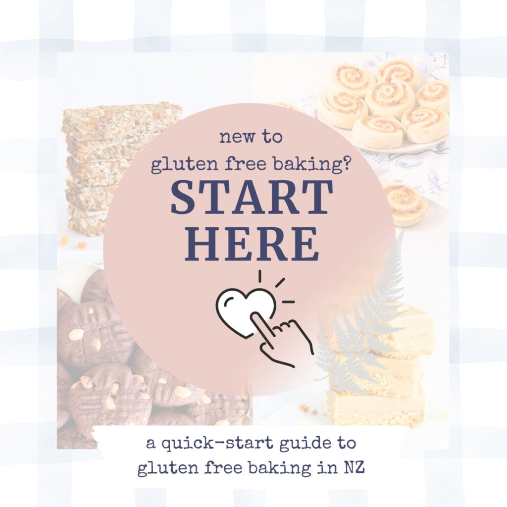 Text in a blue circle reading "new to gluten free baking? Start here."