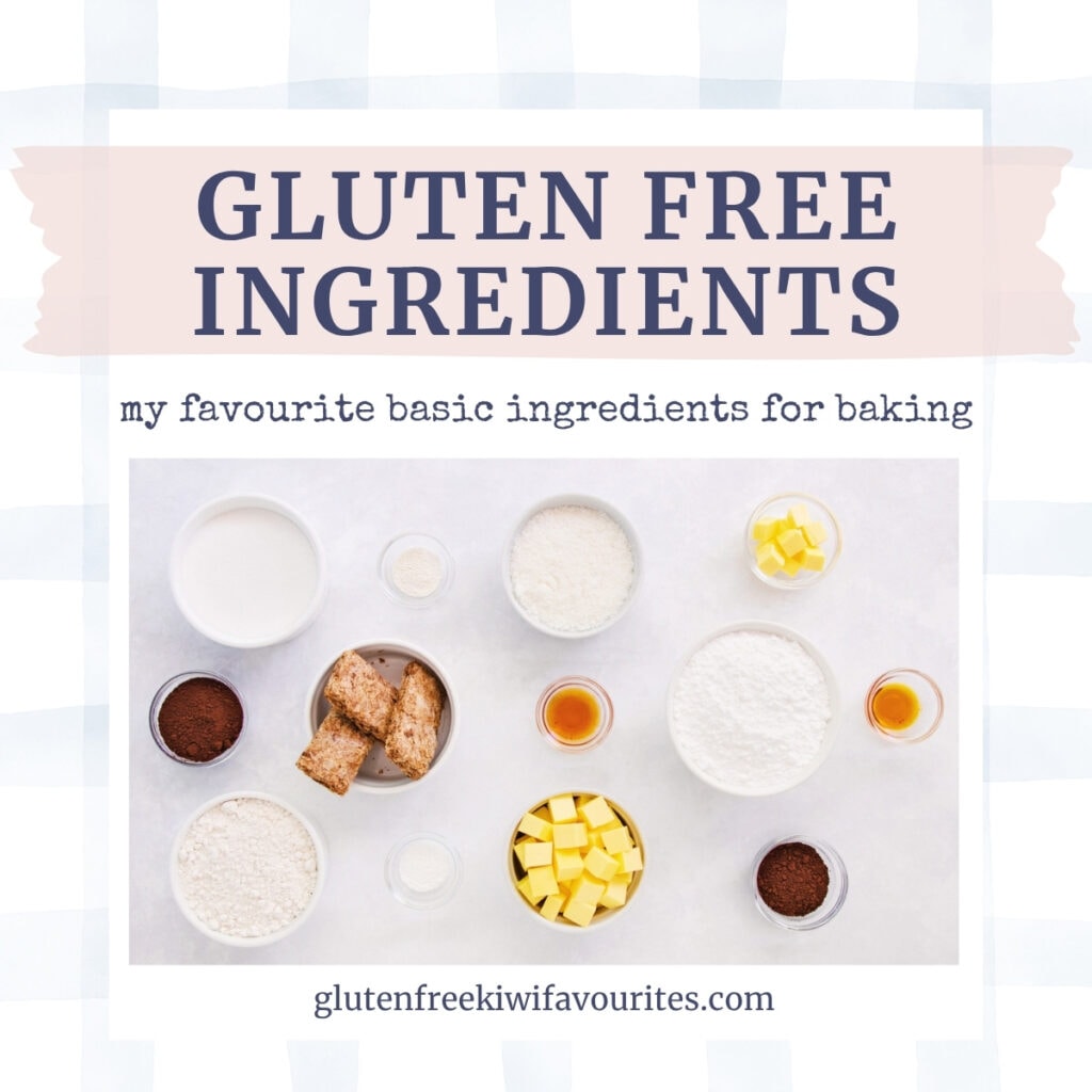 A blue circle, with text reading "gluten free baking pantry" and icons showing gf flour, sugar, chocolate and vanilla.