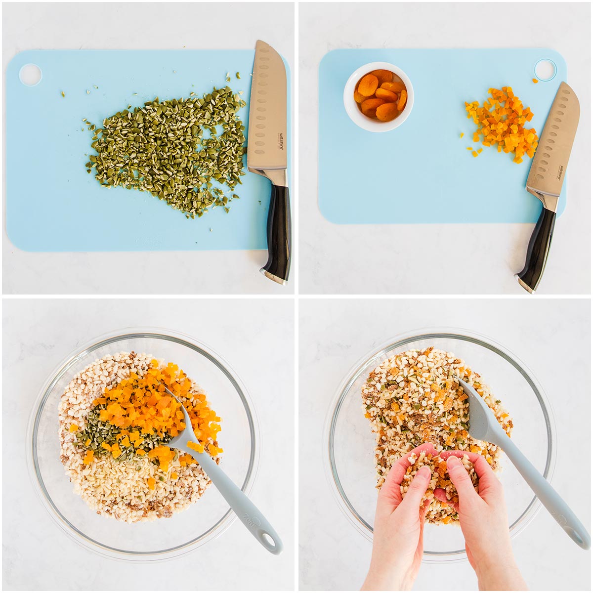 Collage of four images showing pumpkin seeds and dried almonds being chopped, then mixed into the dry ingredients and mixed by hand.