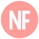 The letters N F in white block font on a peachy pink circle.