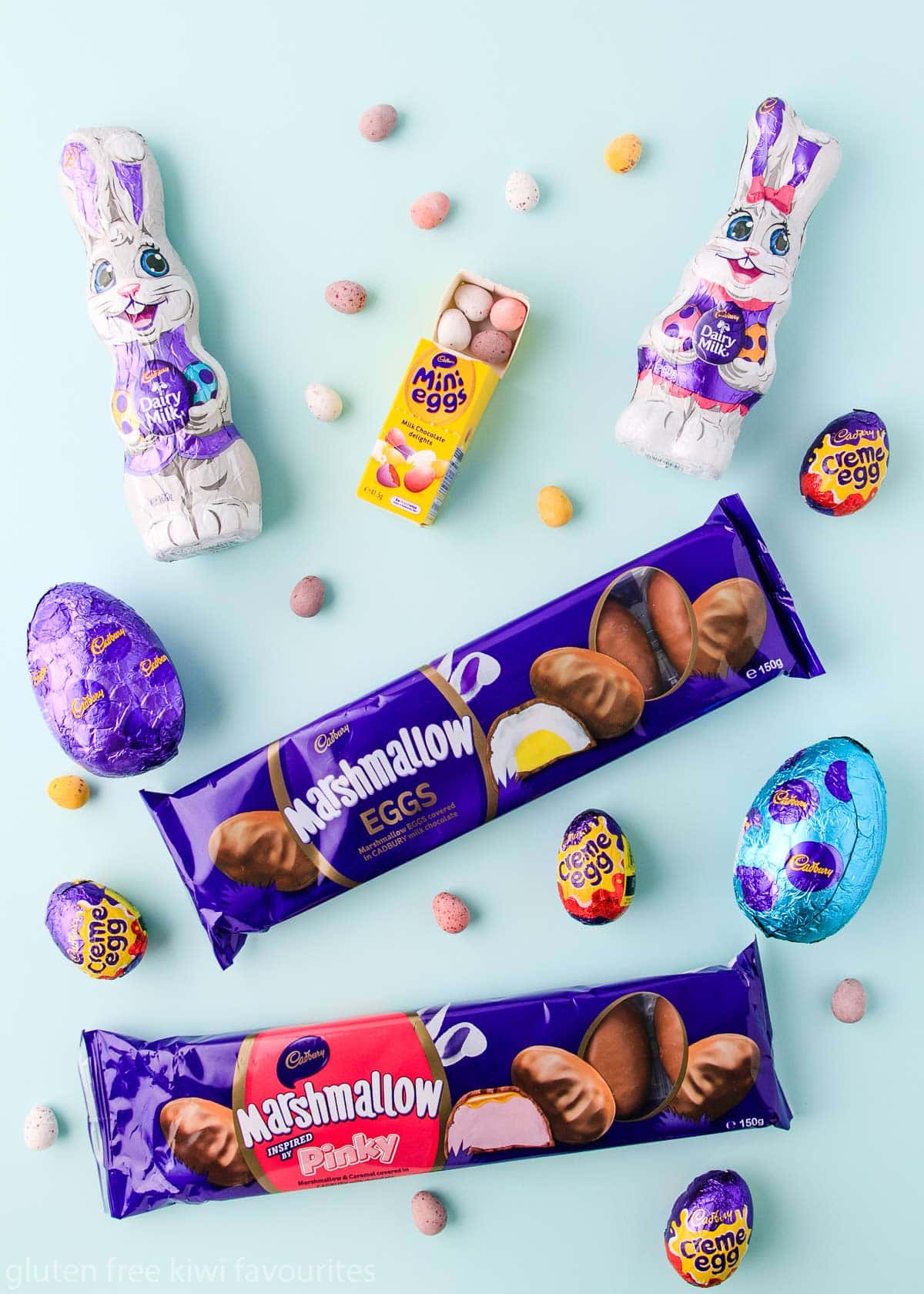 Some of the Cadbury easter products that are gluten free - marshmallow eggs, mini eggs, hollow bunnies, hollow eggs and creme eggs.