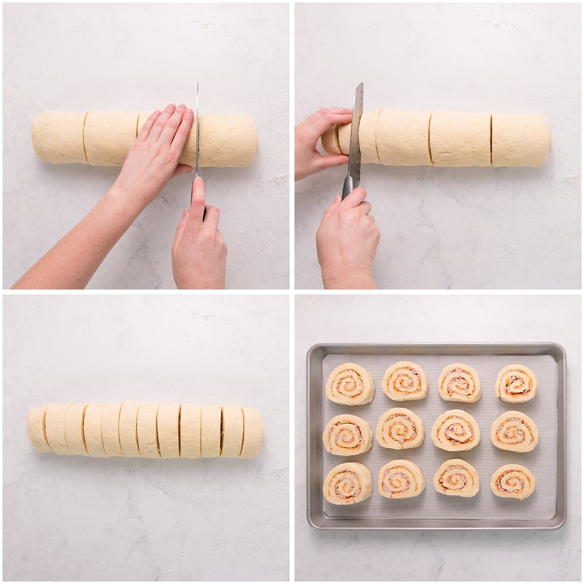 A four image collage showing the roll being cut into halves, then quarters, then twelfths, and then arranged on a baking tray.