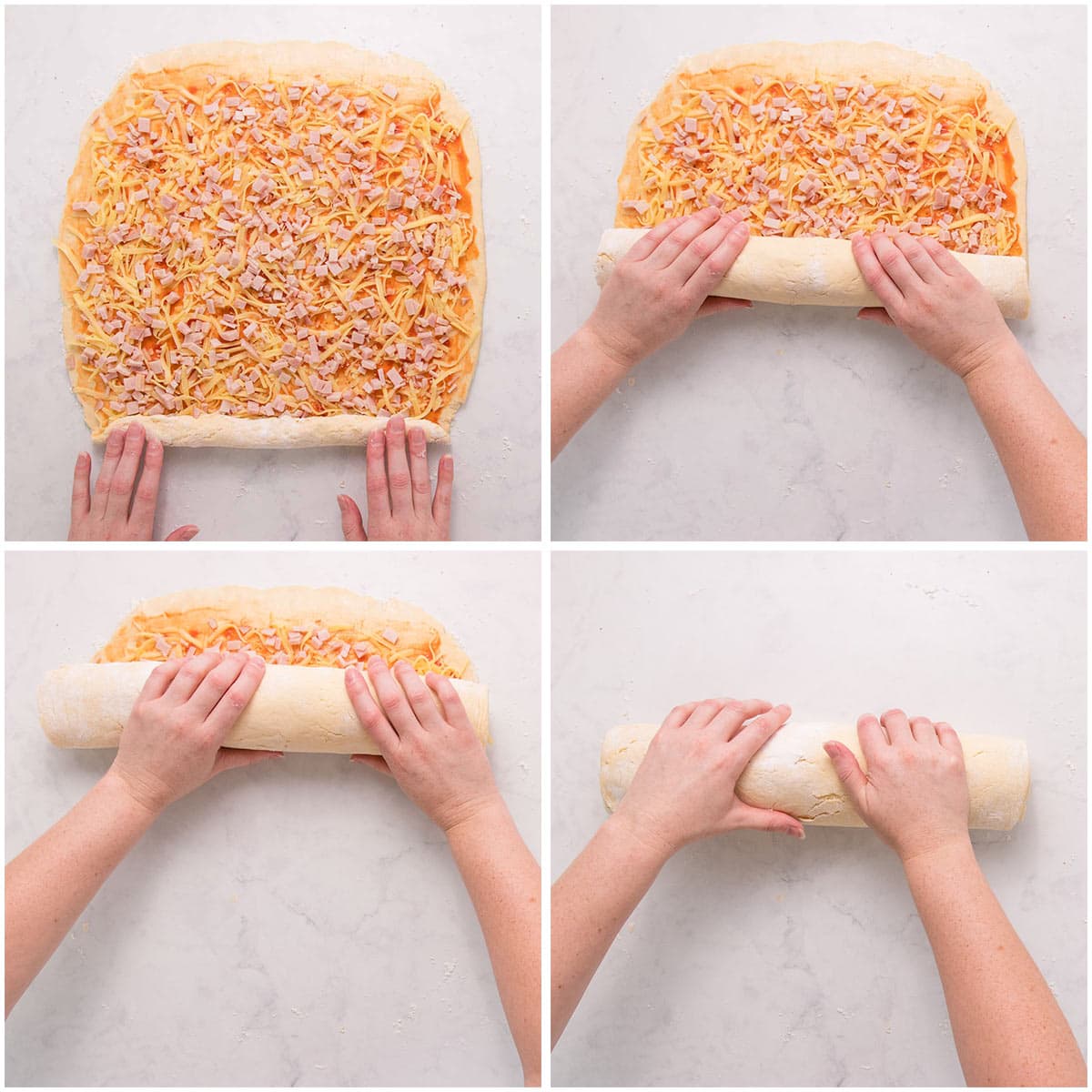 A four-image collage showing the dough and filling being rolled up.