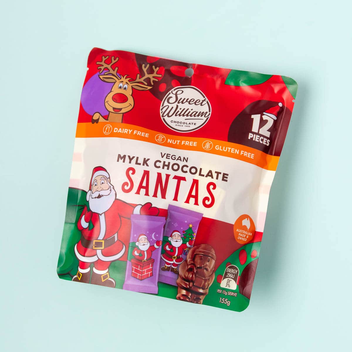 A bag of Sweet William mylk chocolate Santas, on a mint green background.