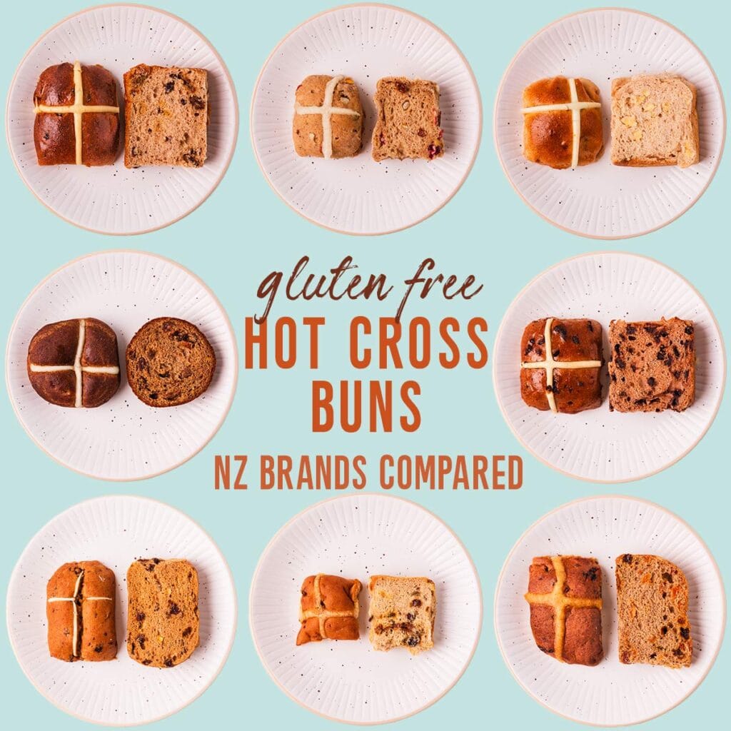 8 grey plates each with a halved gluten free hot cross bun, on a mint green background, text reads "gluten free hot cross buns NZ brands compared".