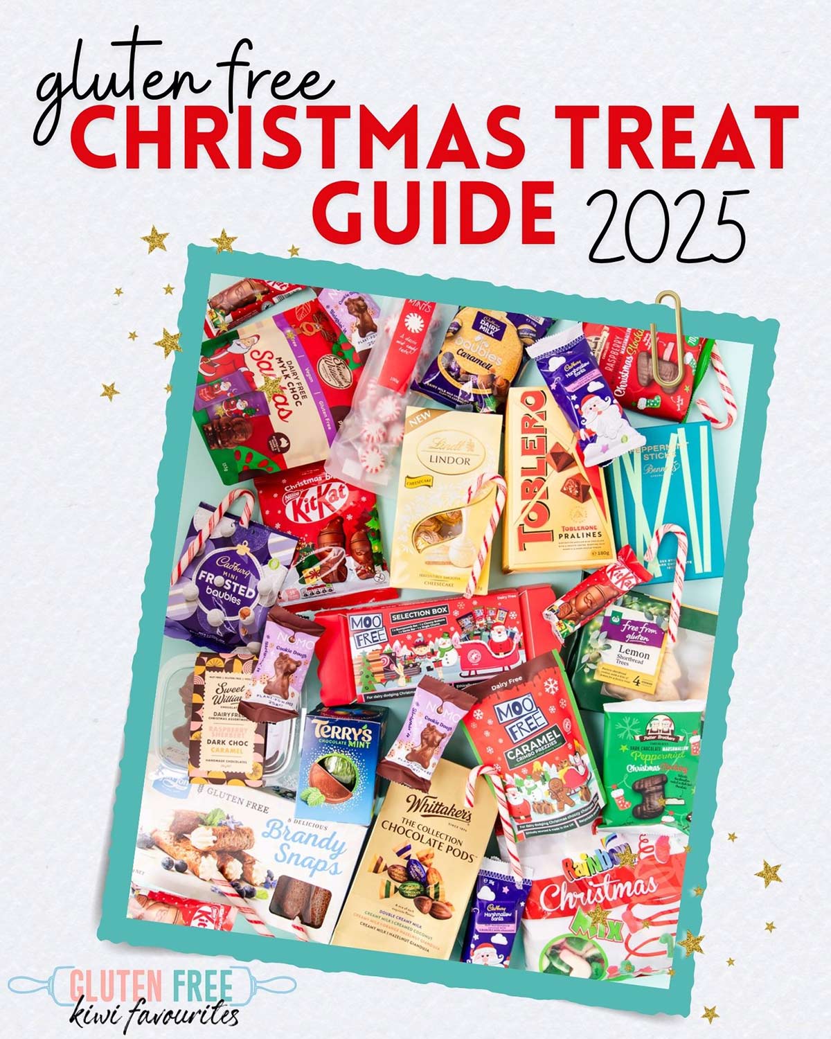 An assortment of gluten free Christmas products all jumbled together, with a text overlay that reads "gluten free Christmas Treat Guide 2025", with the Gluten Free Kiwi Favourites logo in the bottom left corner.