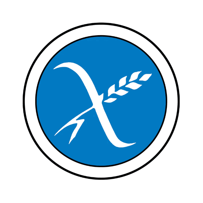 The crossed grain logo - a blue circle with a white outline, with a white ear of wheat, and a line crossing the wheat.