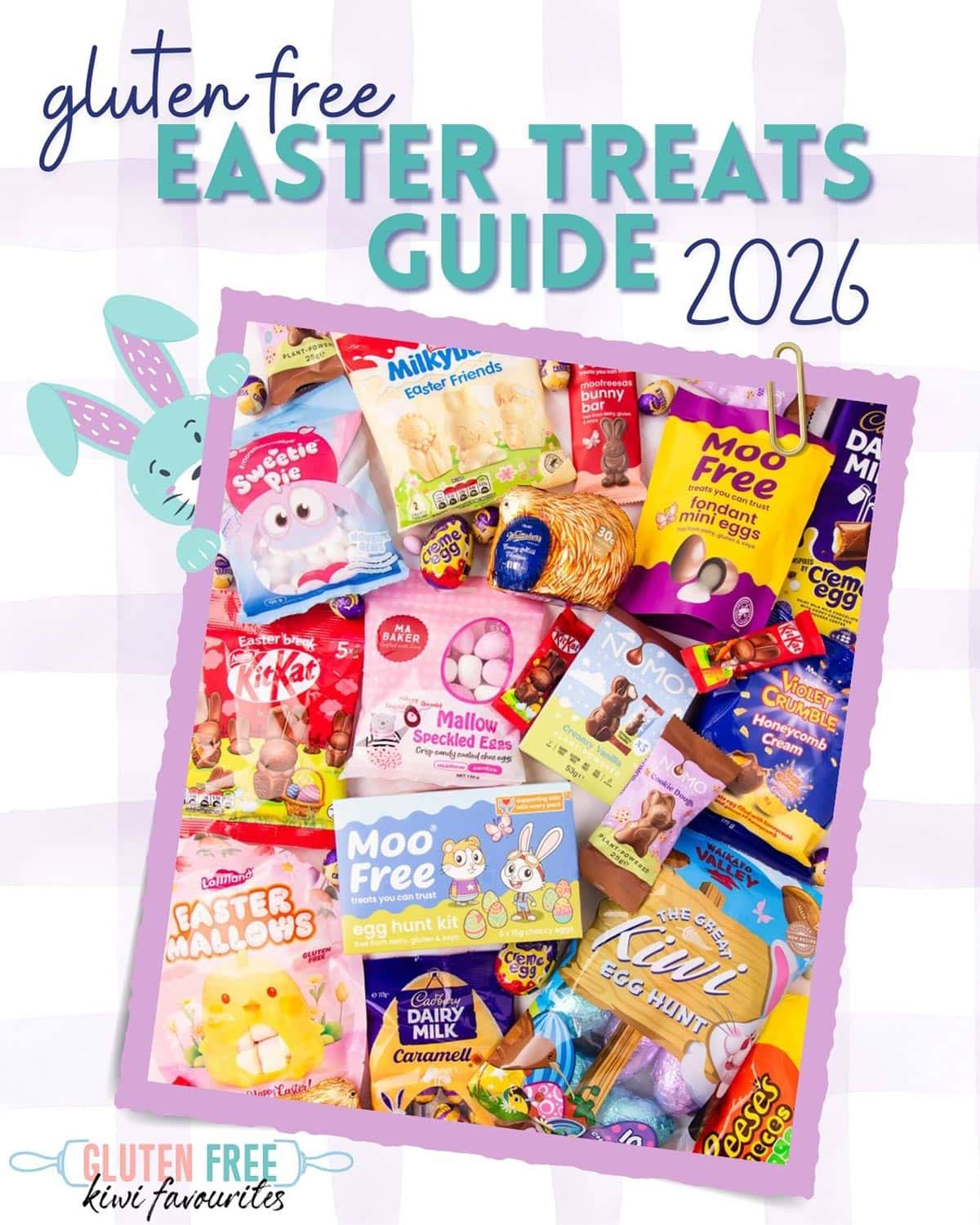 An assortment of gluten free Easter eggs and treats all jumbled together, with a text overlay that reads "gluten free Easter Treat Guide 2026", with the Gluten Free Kiwi Favourites logo in the bottom left corner.