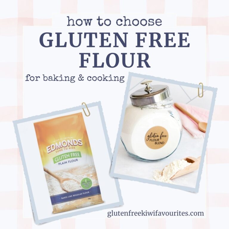 A picture of a homemade gluten free flour blend and a bag of edmonds gluten free flour, with text reading "how to choose gluten free flour for baking and cooking".