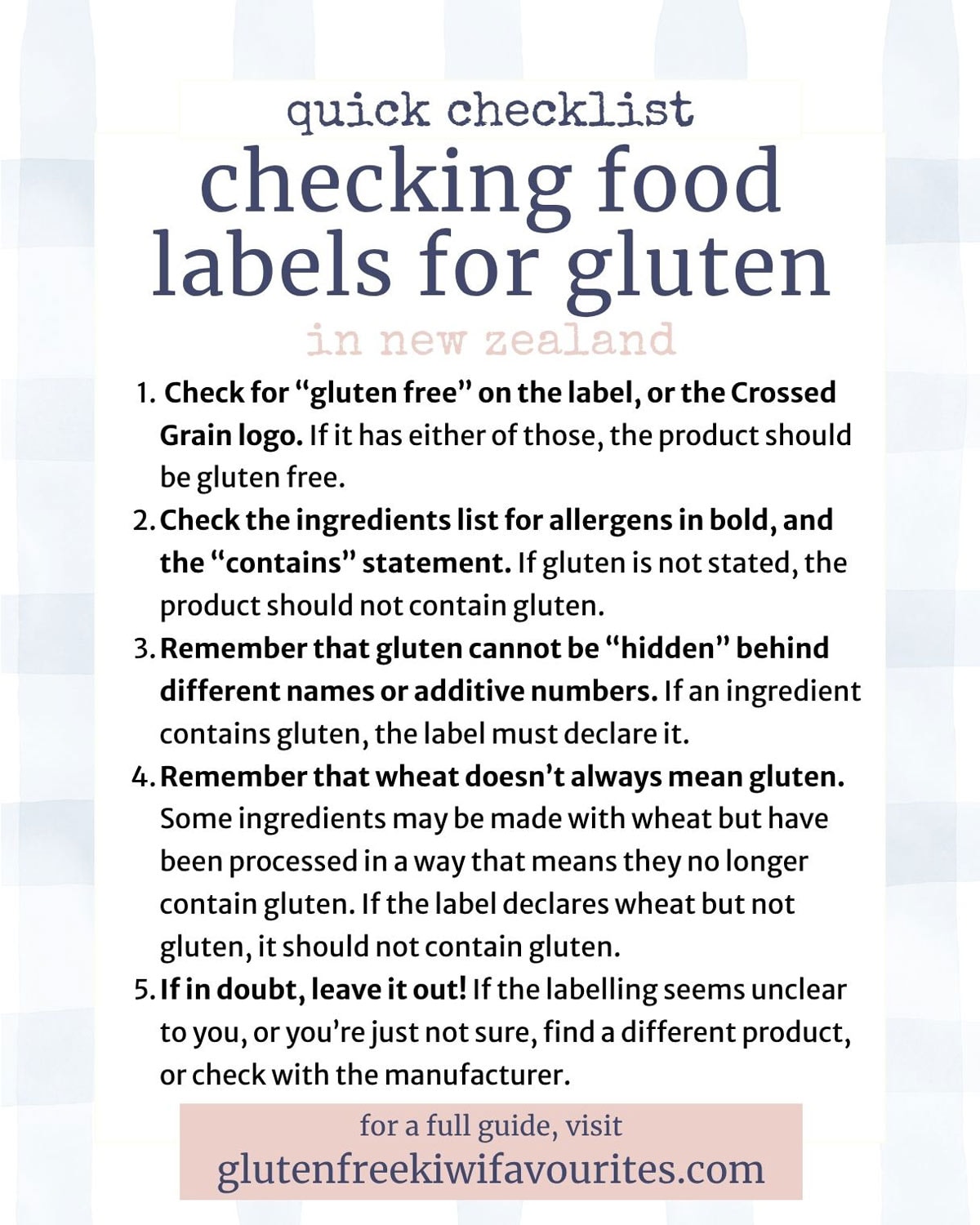 An infographic showing a short checklist about reading food labels for gluten. Full text below.