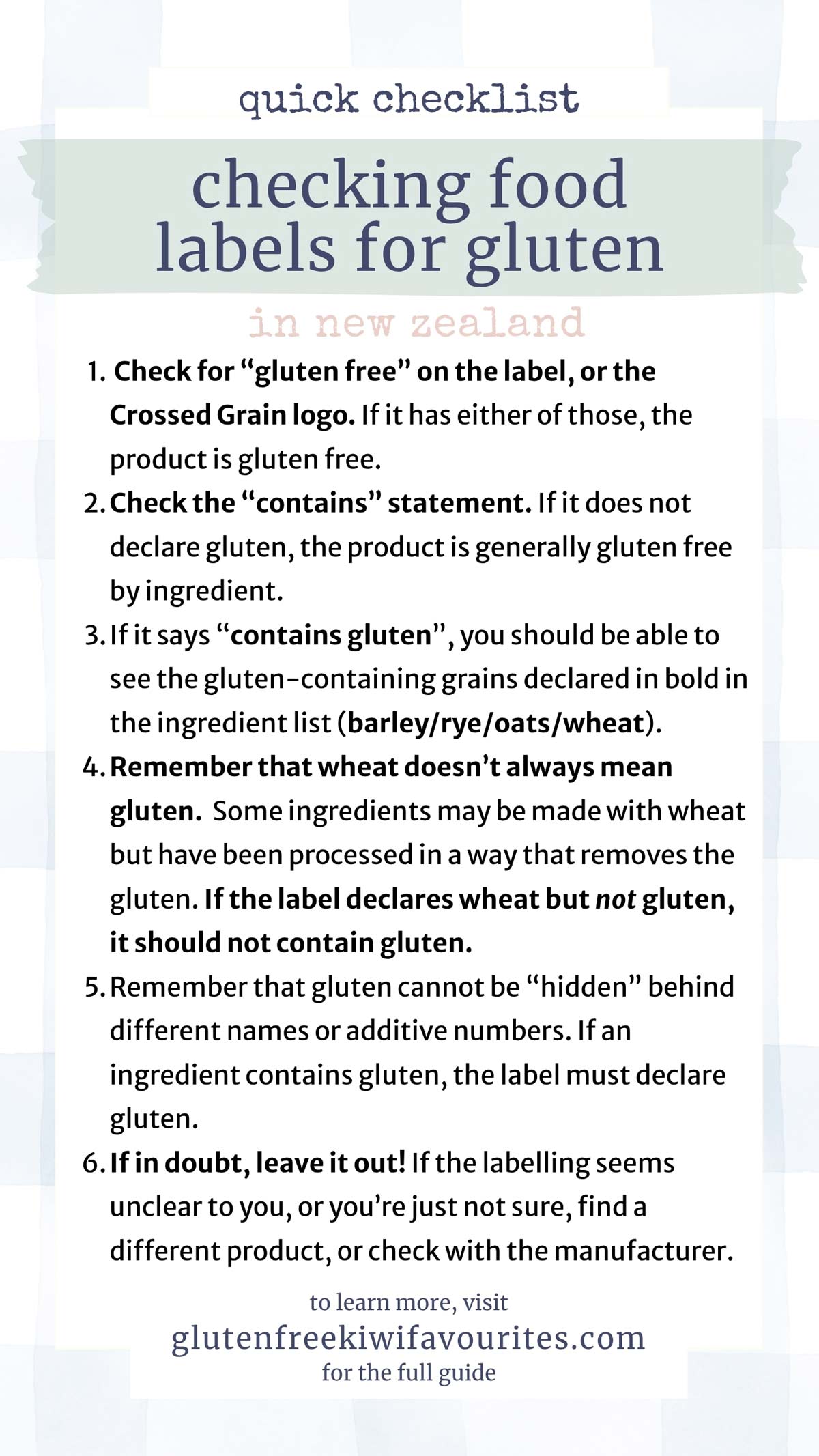 An infographic showing a short checklist about reading food labels for gluten. The full text is given below.