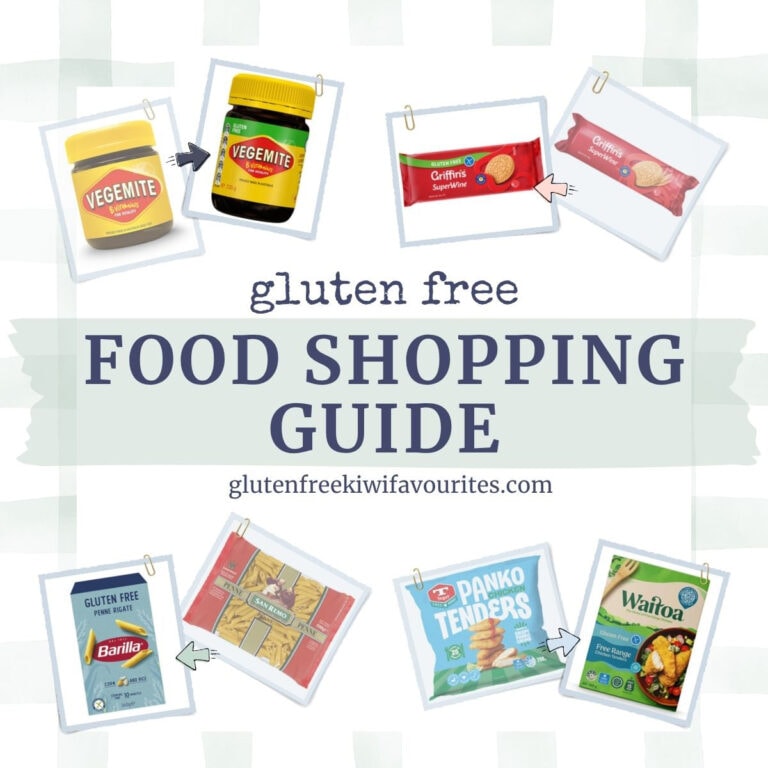 Pictures of some grocery items and their gluten free versions, with a sage green checked background and text saying "gluten free food shopping guide".