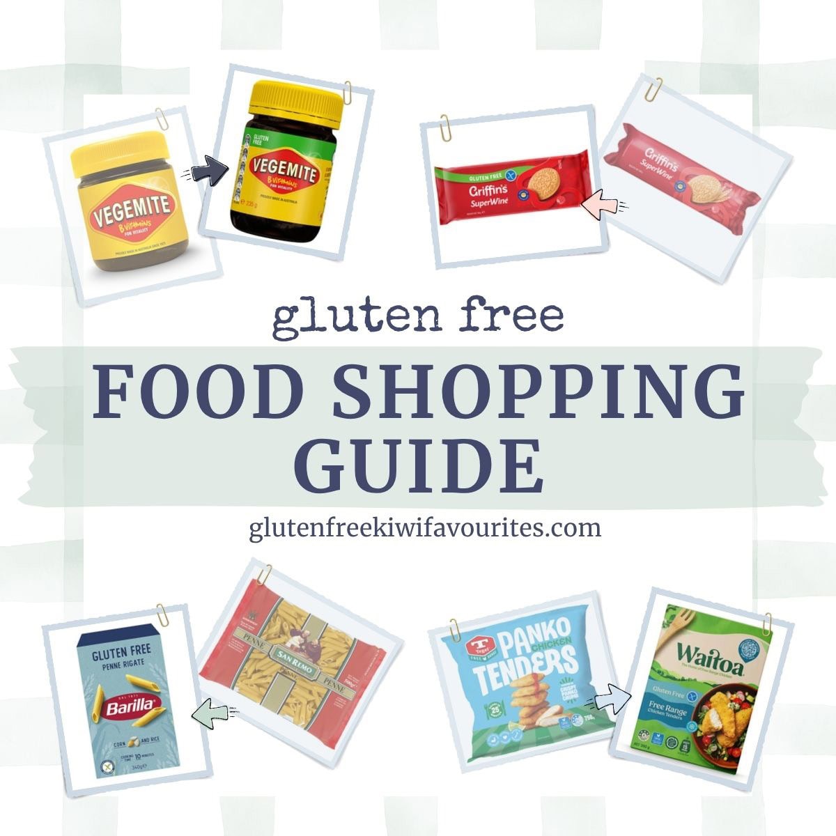 Pictures of some grocery items and their gluten free versions, with a sage green checked background and text saying "gluten free food shopping guide".