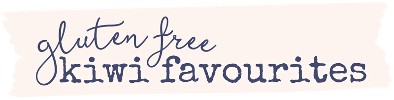 Gluten free kiwi favourites logo in navy text on a background that looks like a piece of pink sticky tape.